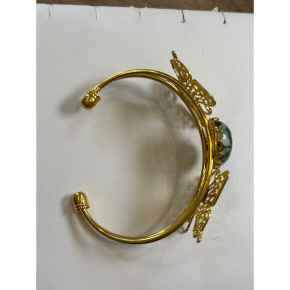 Gold Butterfly Cuff Bracelet With Green Stone Centerpiece Handmade Adjustable Je - Picture 7 of 10
